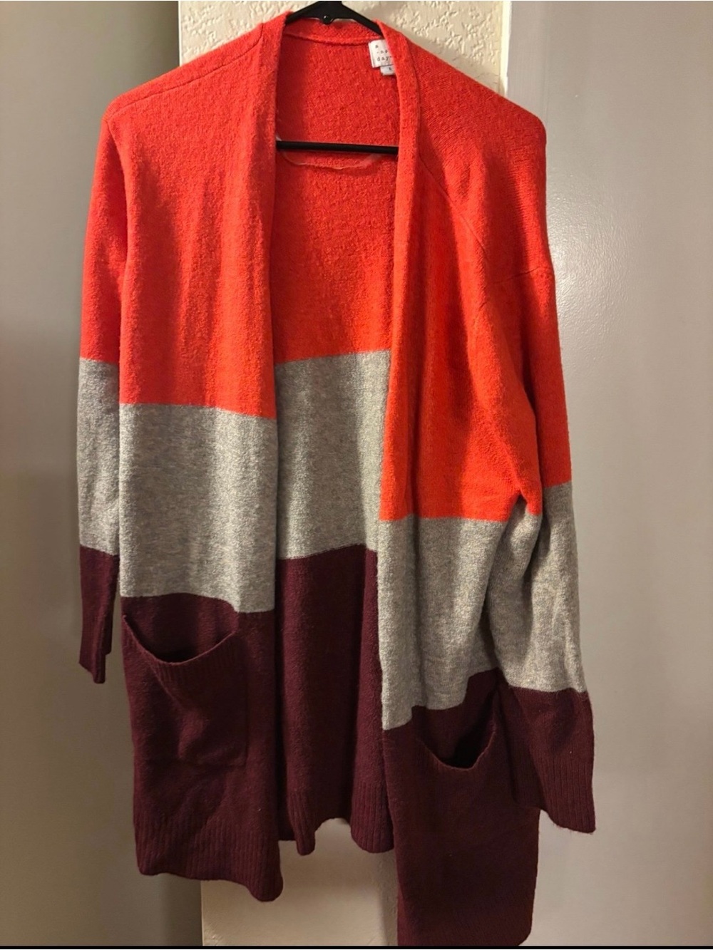 Colorblock Open-Front Women’s Cardigan Sweater - Orange, Gray & Burgundy